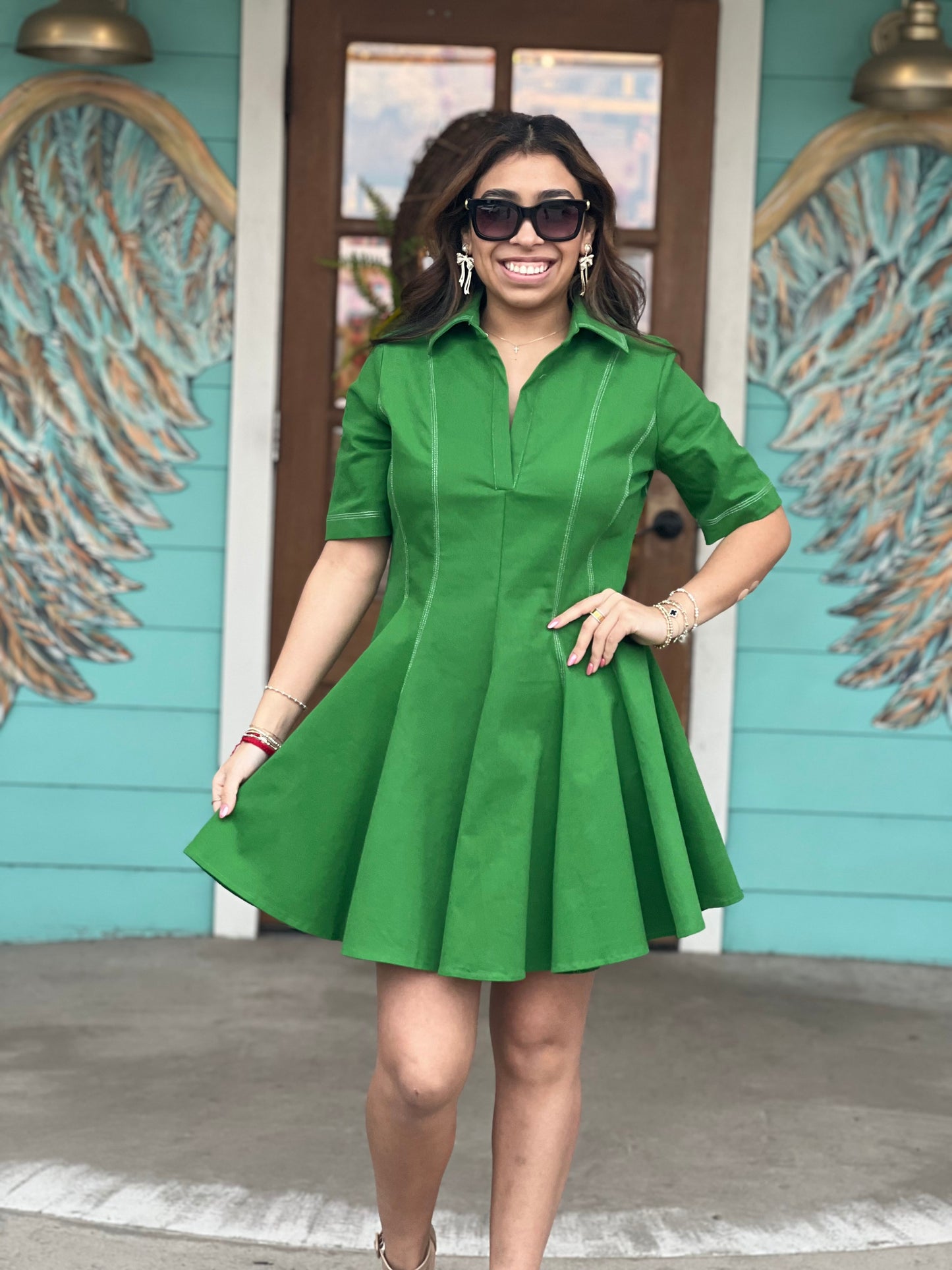 Green Topstitch Detail Mini Dress