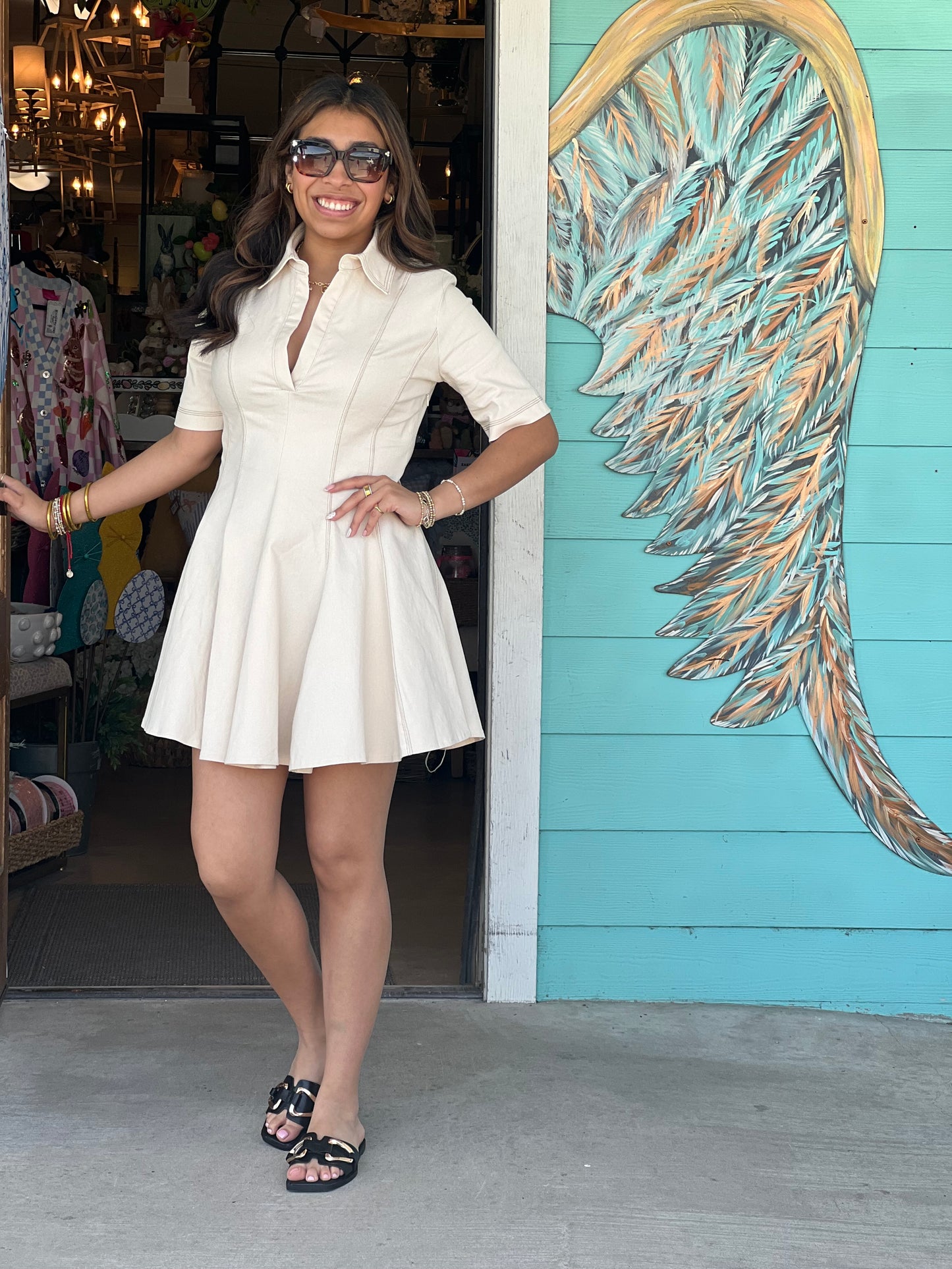 Beige Topstitch Detail Mini Dress