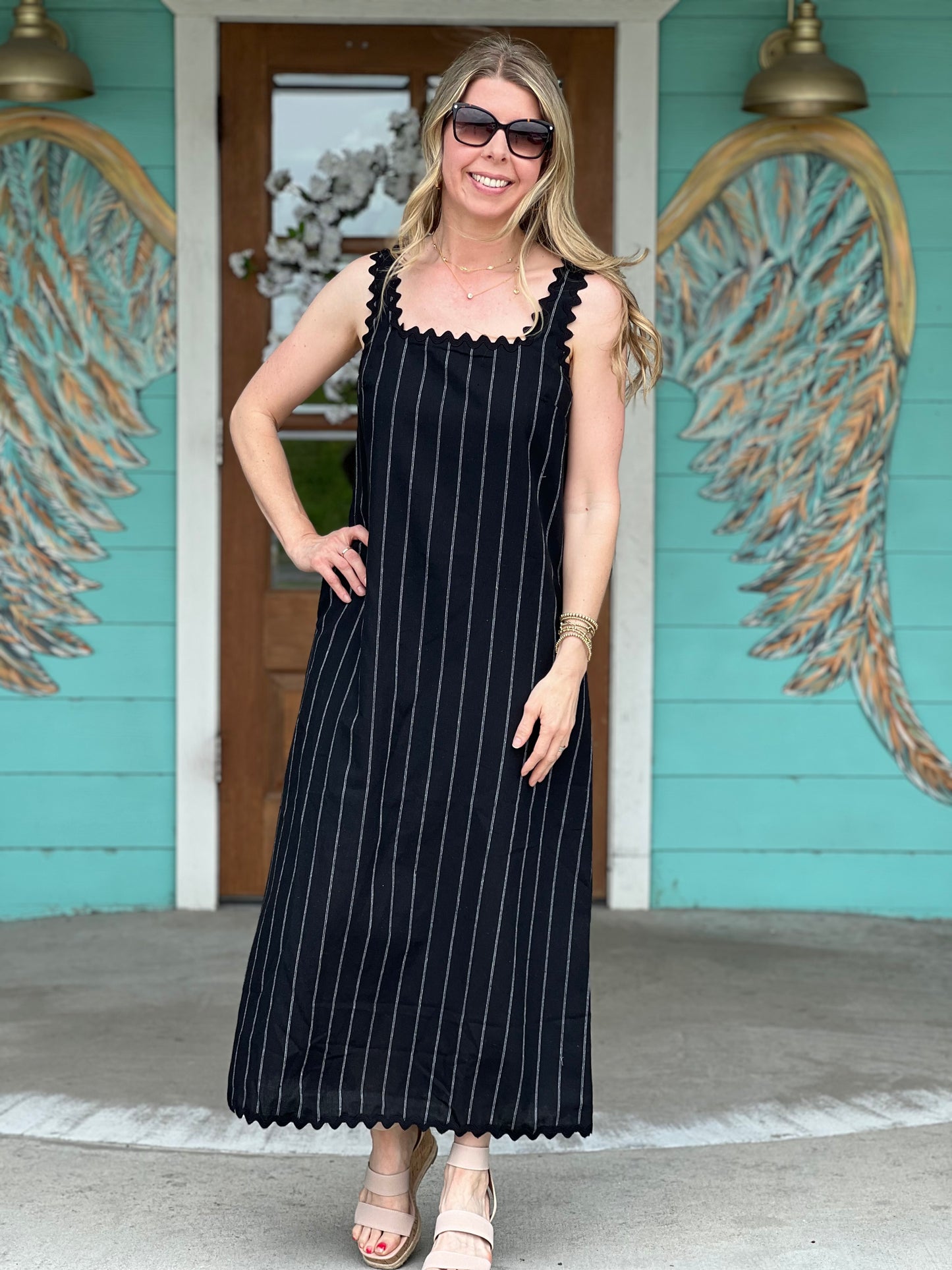 Black RickRack Trim Midi Dress