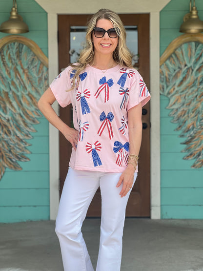 Queen of Sparkles Light Pink Bow Tee