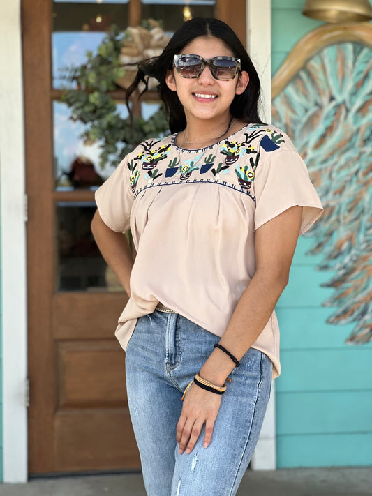 Cream Cactus Carly Embroidered Top