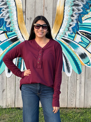 Burgundy BUTTON CLOSURE LONG SLEEVE TOP