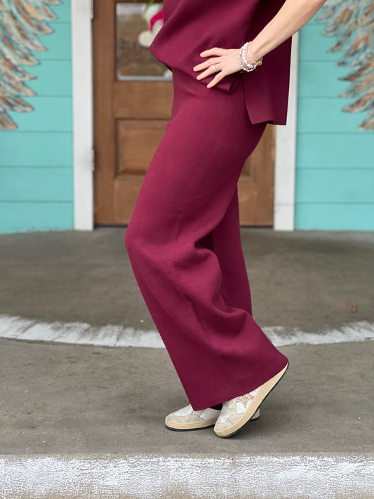 Burgundy Cropped Wide Leg Sweater Pants