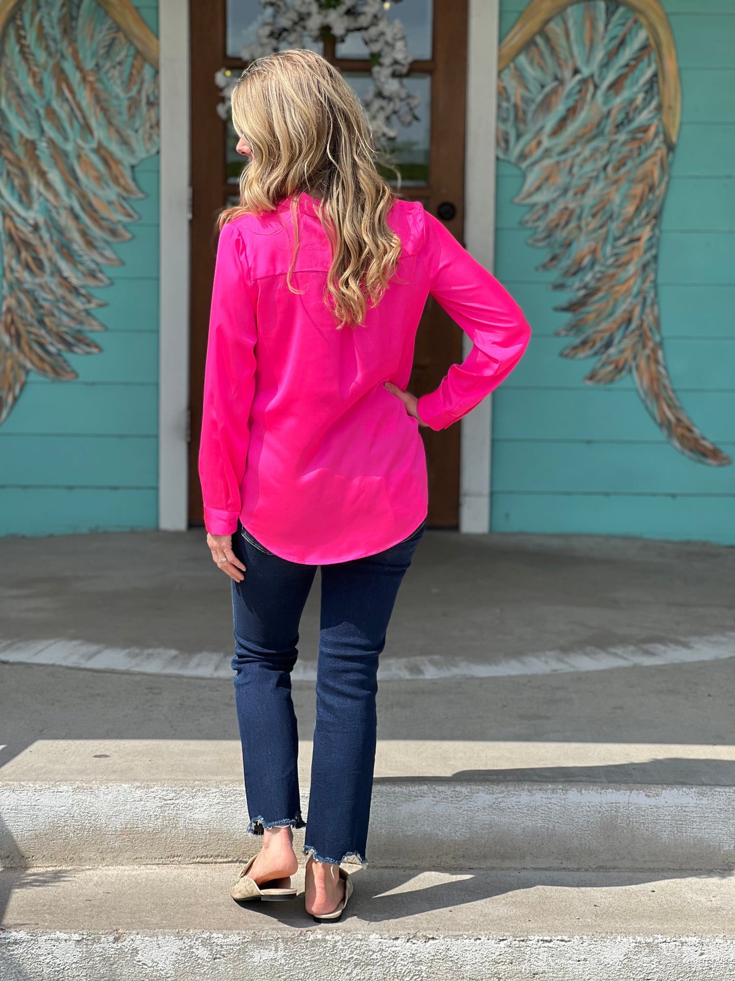 Pretty in Pink Satin Button Down Shirt