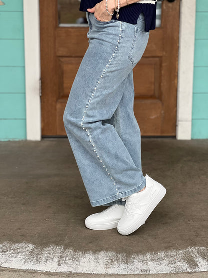 Denim Pearl Trimmed Pants