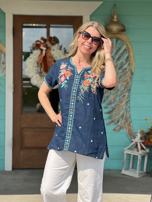 Navy Embroidered Linen Heather Top