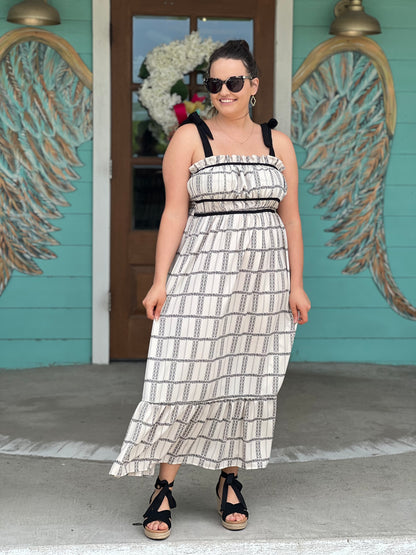 Ivory & Black Print Shoulder Tie Midi Dress