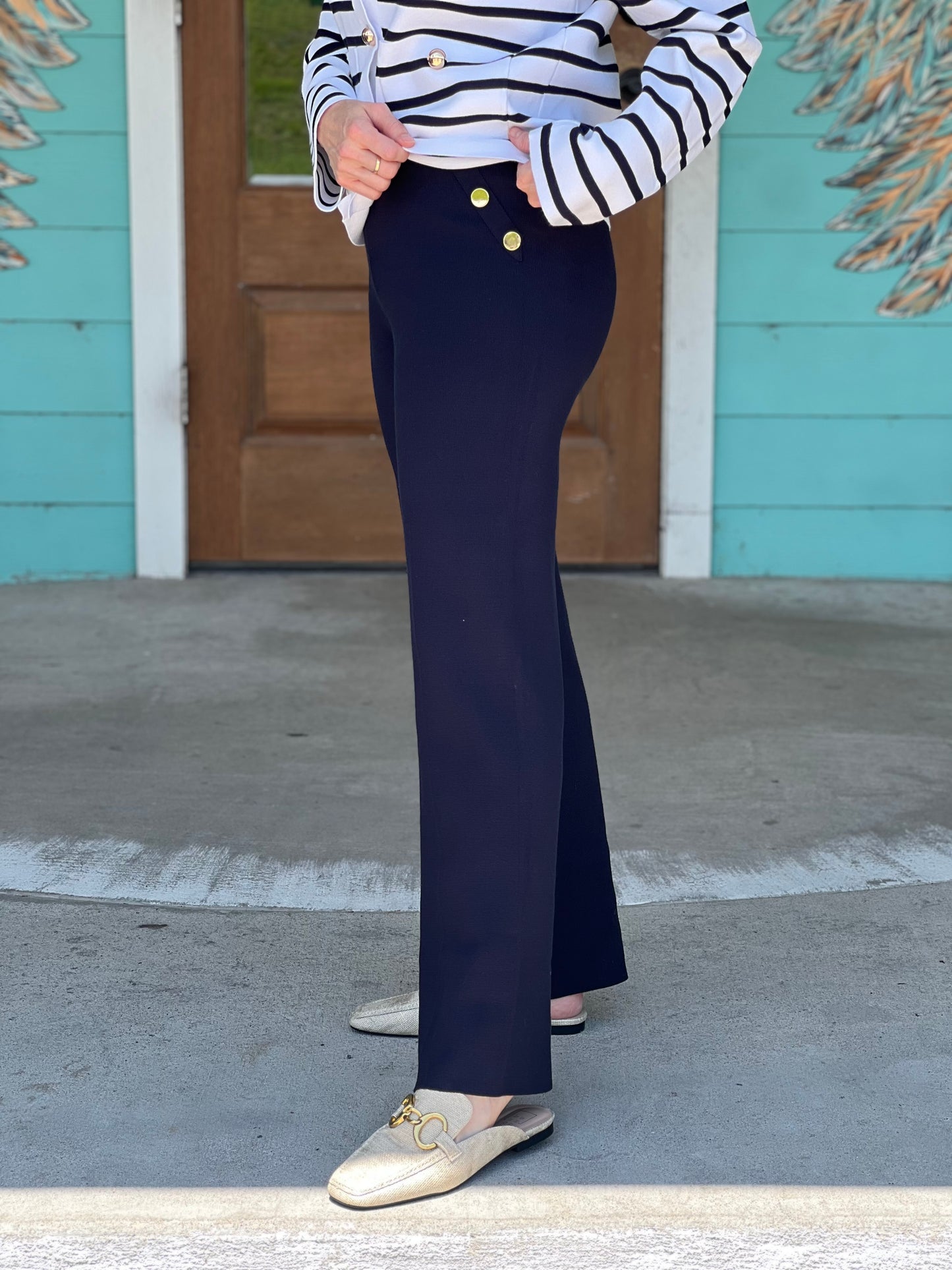 Navy Gold Button Straight Leg Pants