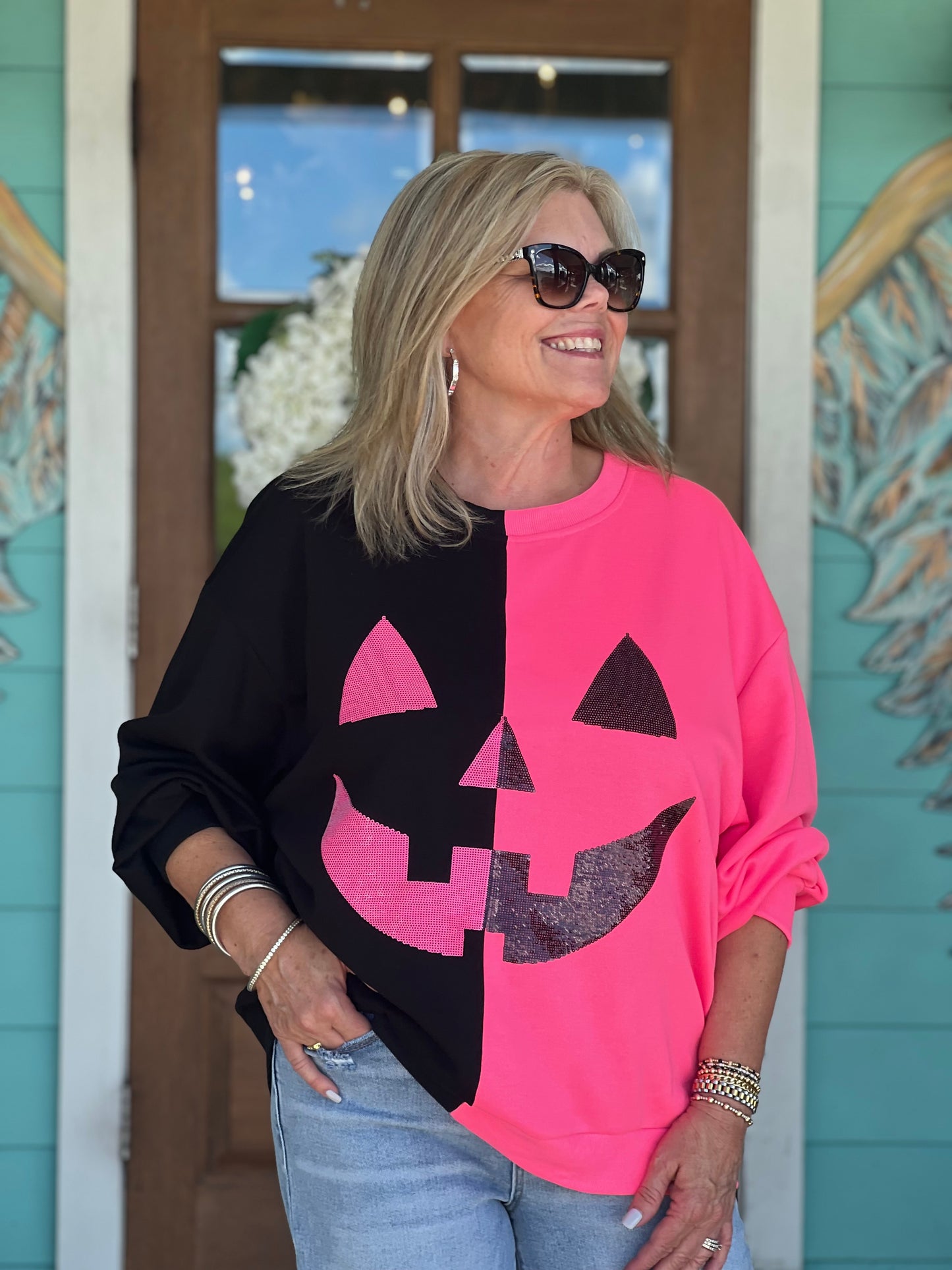 Queen of Sparkles Black & Neon Pink Pumpkin Sweatshirt