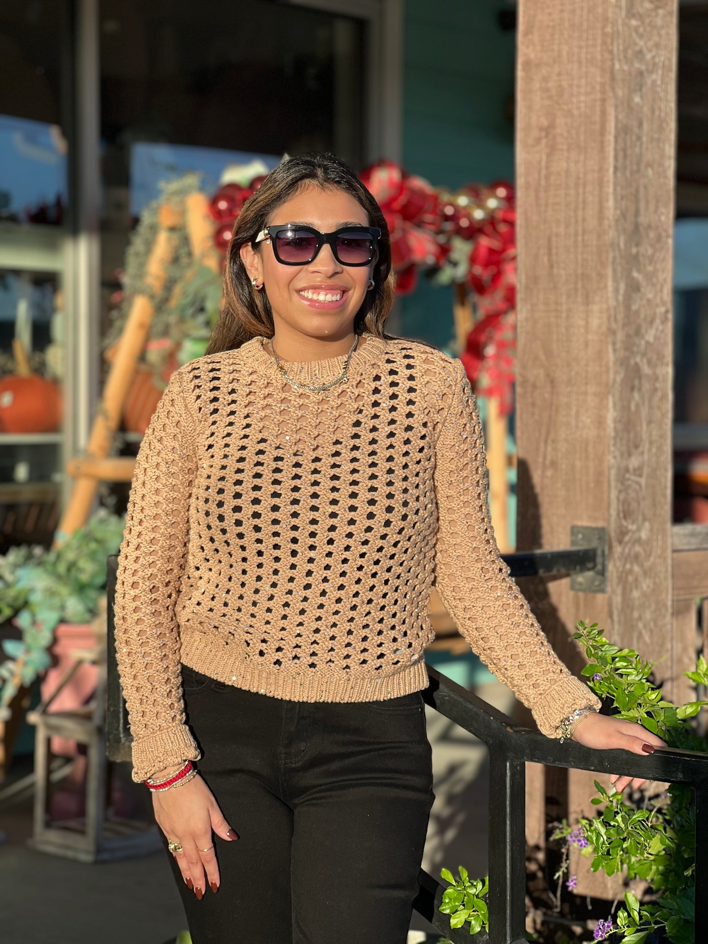 Caramel Sequin Long Sleeve Top