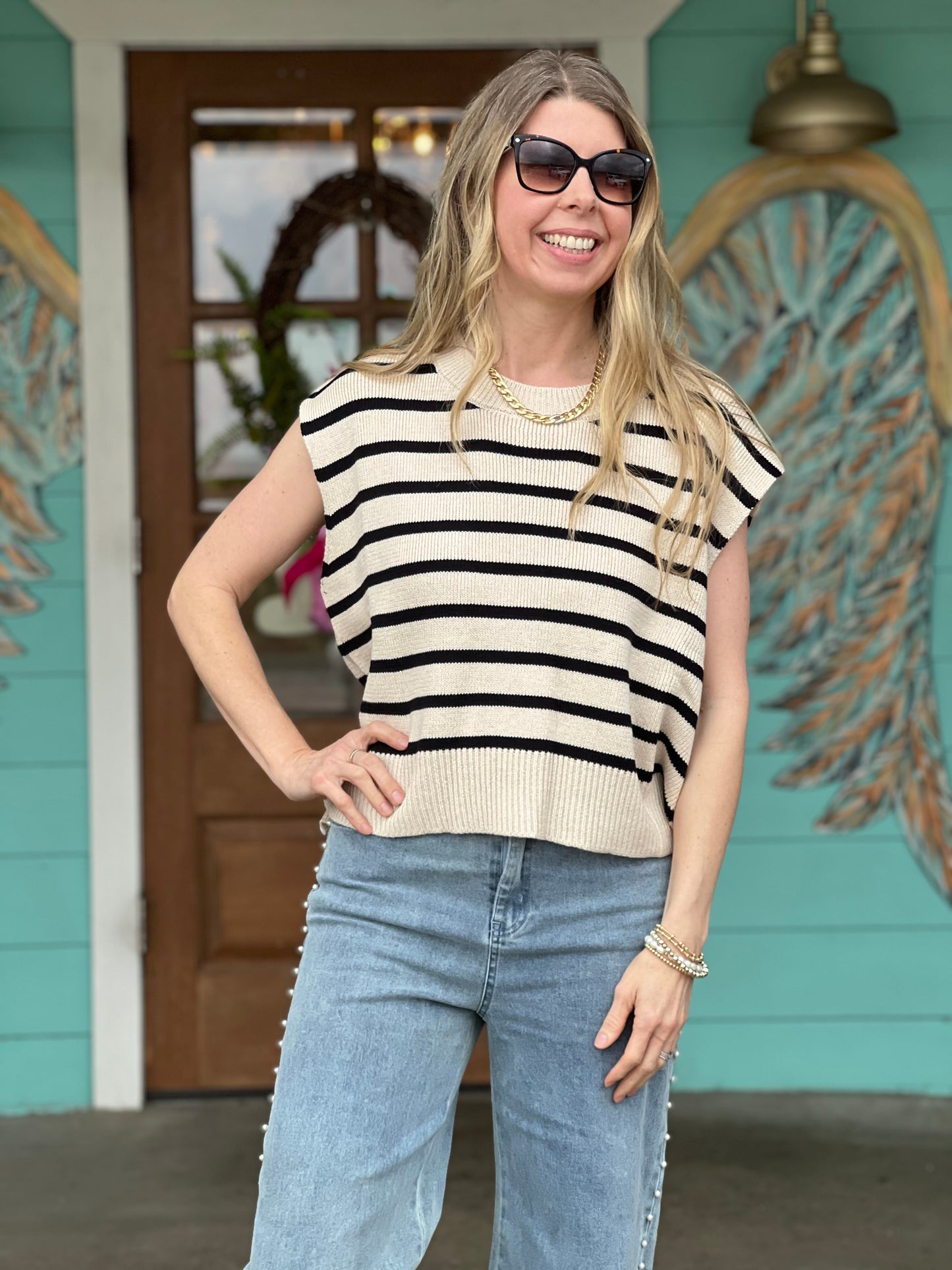 Ecru & Black Striped Knit Top