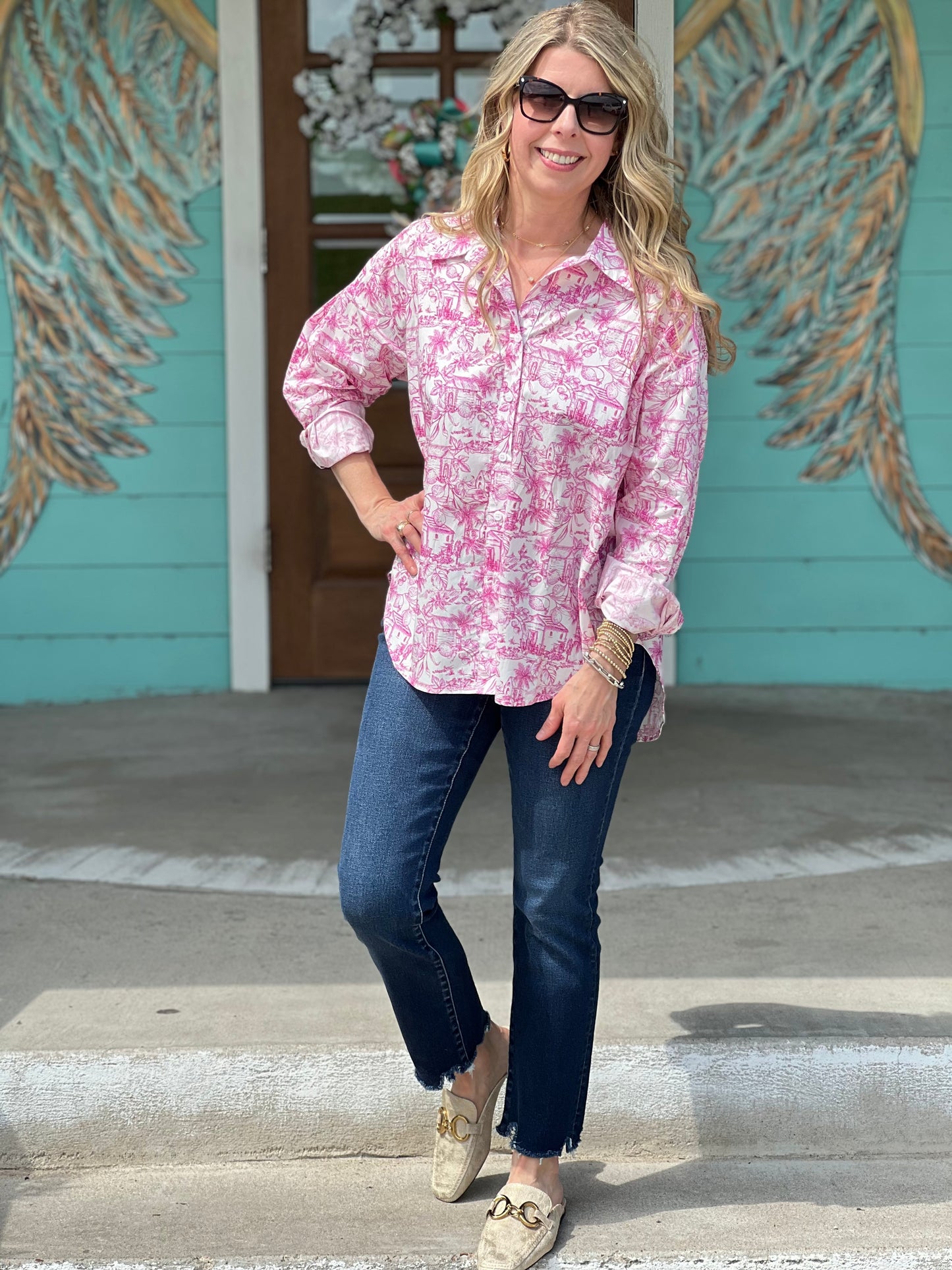 Pink Magnolia Print Button Up Shirt