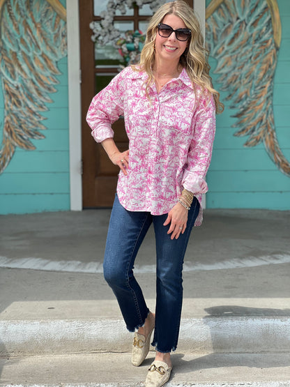 Pink Magnolia Print Button Up Shirt