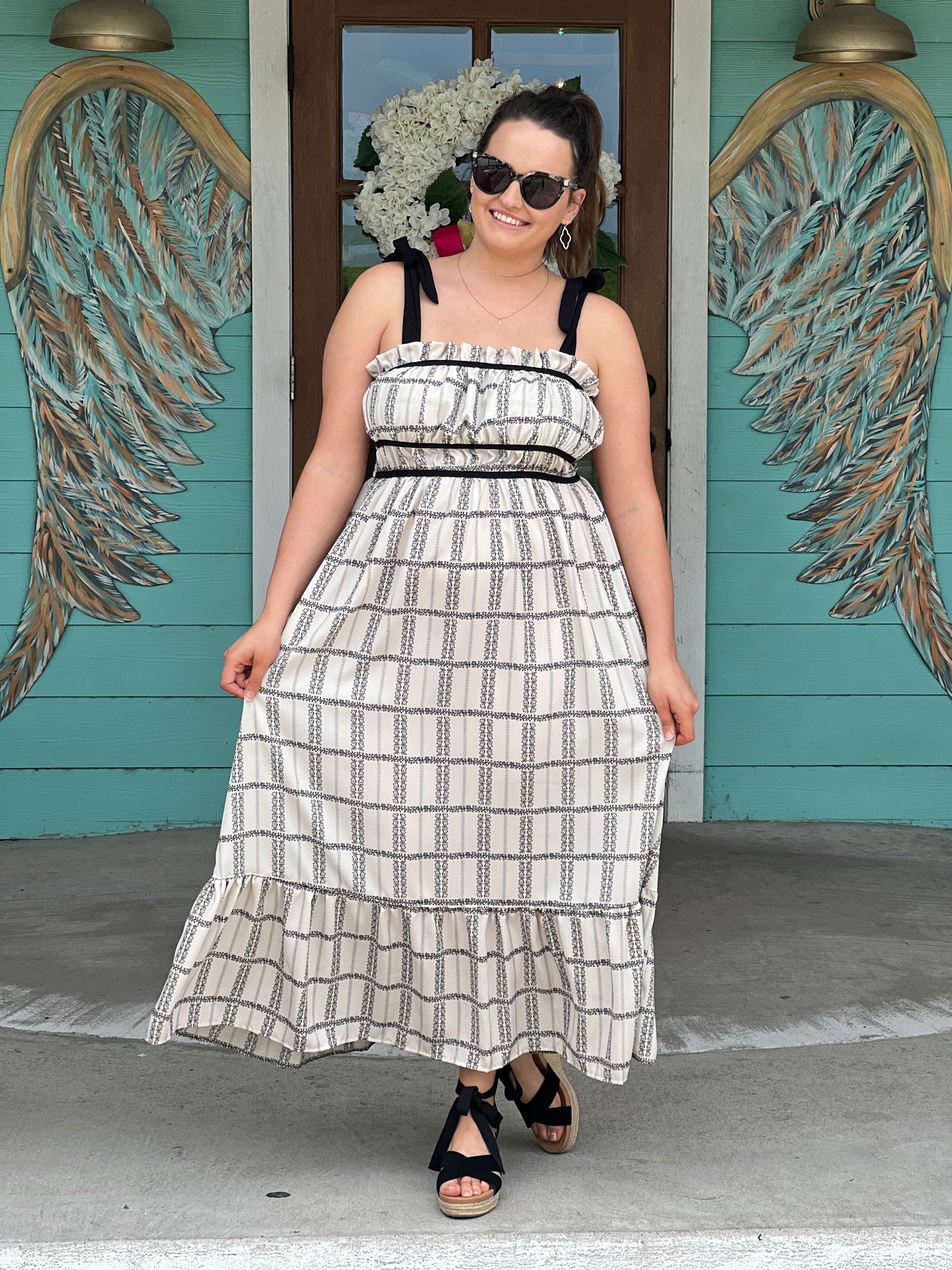 Ivory & Black Print Shoulder Tie Midi Dress