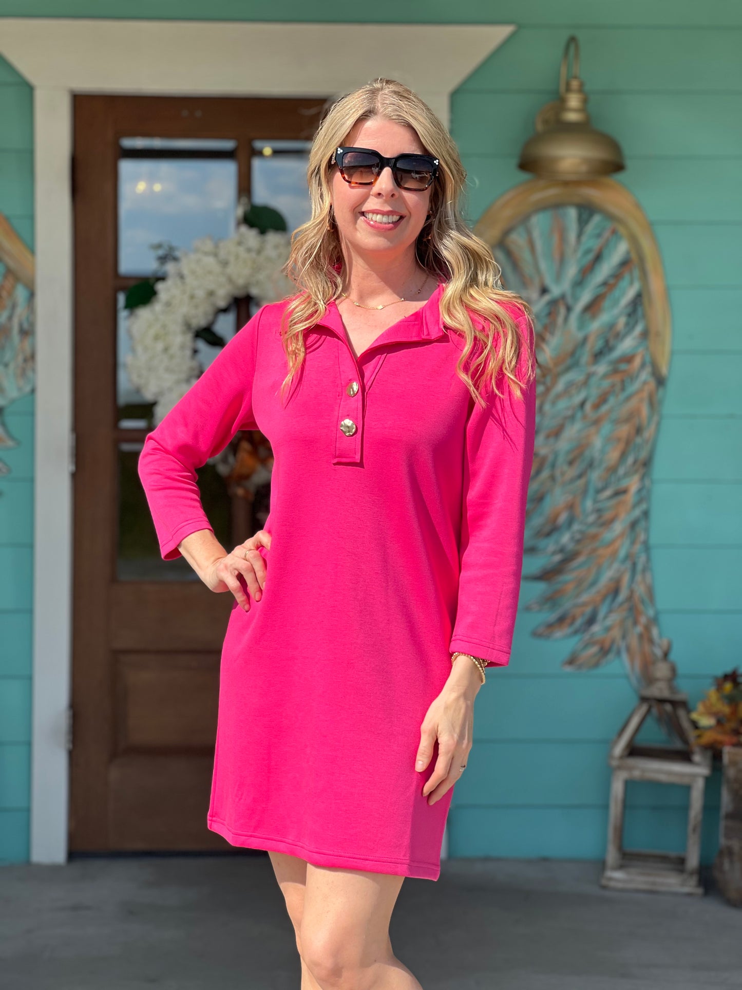 Jenni 2 Button Dress in Hot Pink