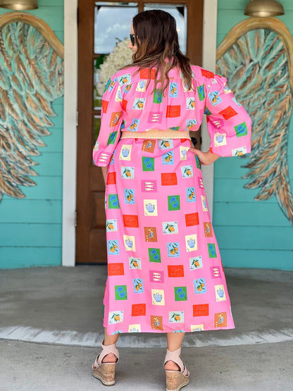 Pink Tile Print Belted Maxi Dress