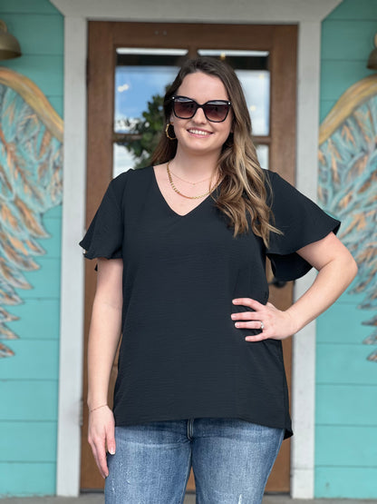 Black WOVEN FLUTTER SLEEVE TOP