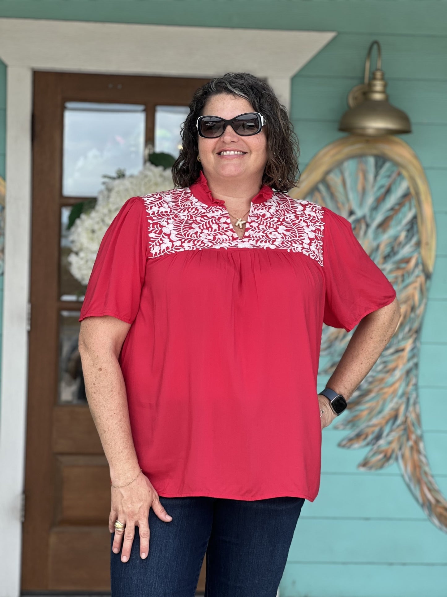 Red Embroidered Gabrielle Top