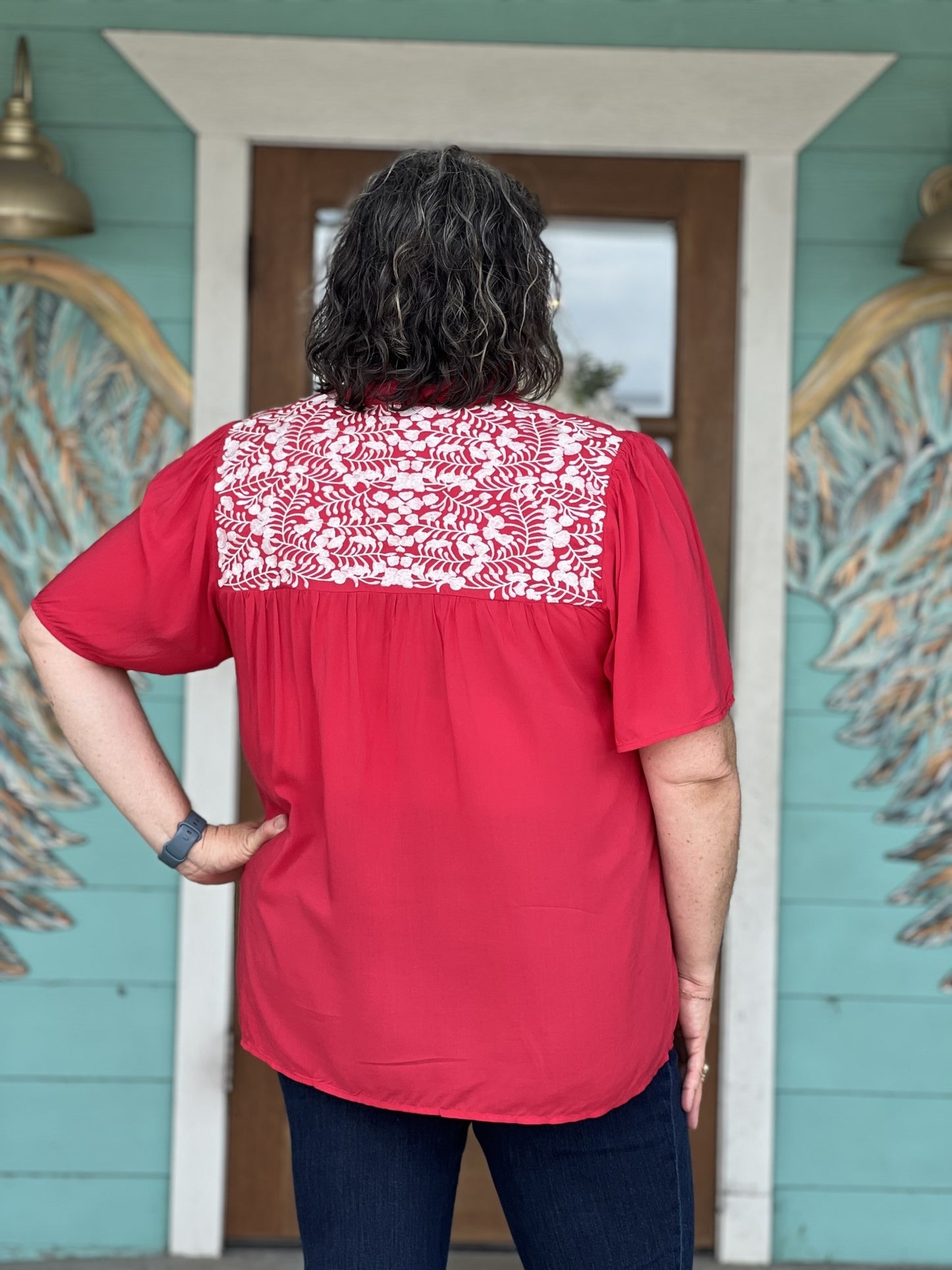 Red Embroidered Gabrielle Top