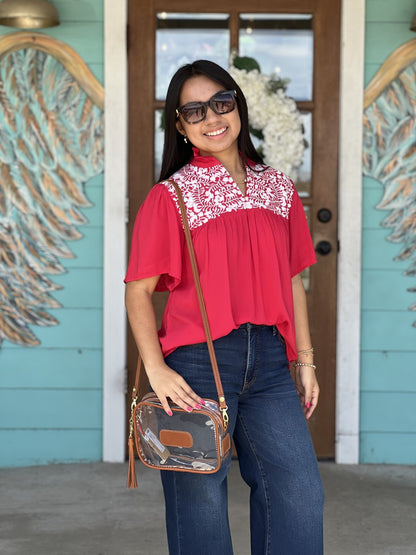 Red Embroidered Gabrielle Top