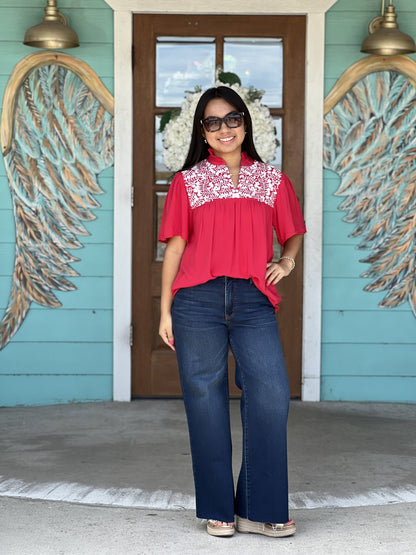 Red Embroidered Gabrielle Top