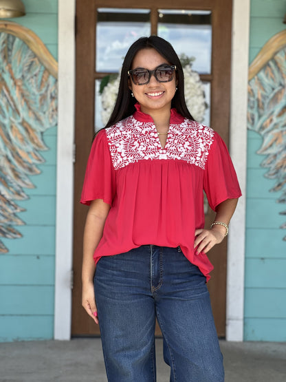 Red Embroidered Gabrielle Top