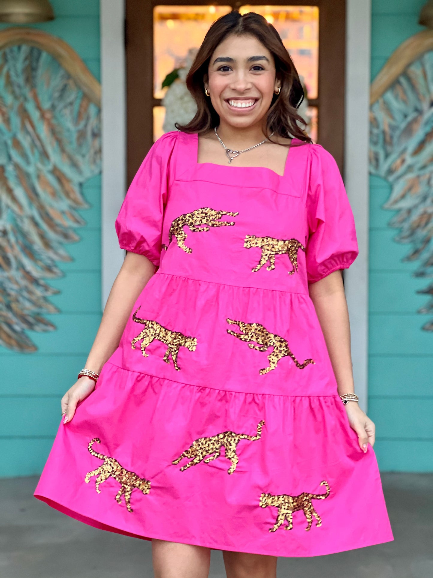 Hot Pink Della Leopard Sequin Dress