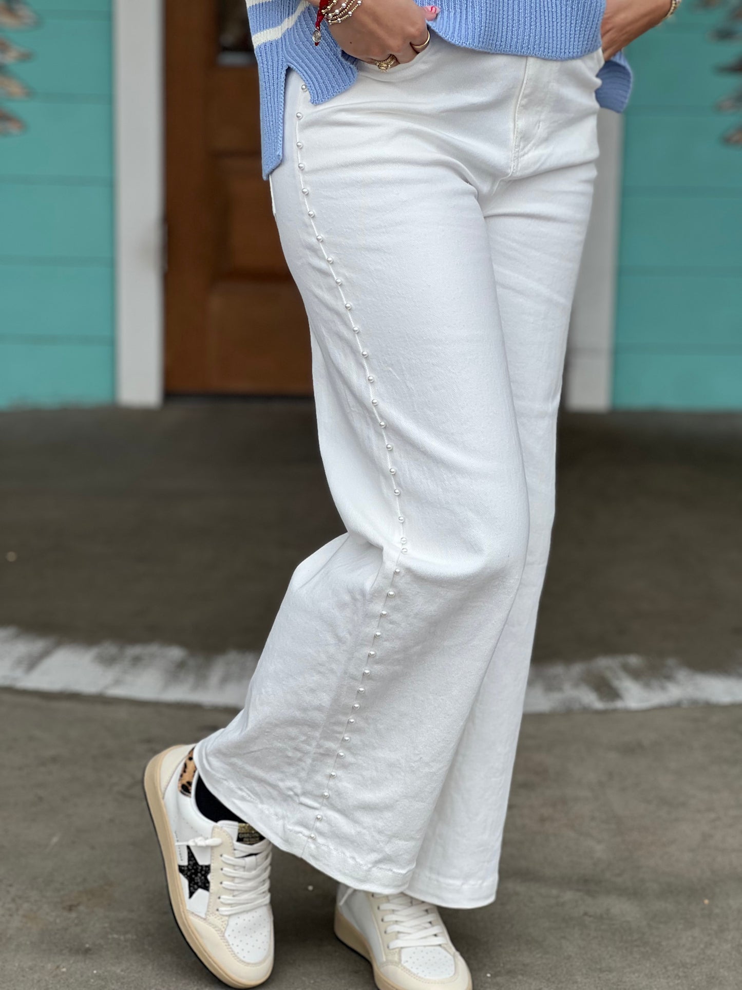 White Pearl Trimmed Denim Pants