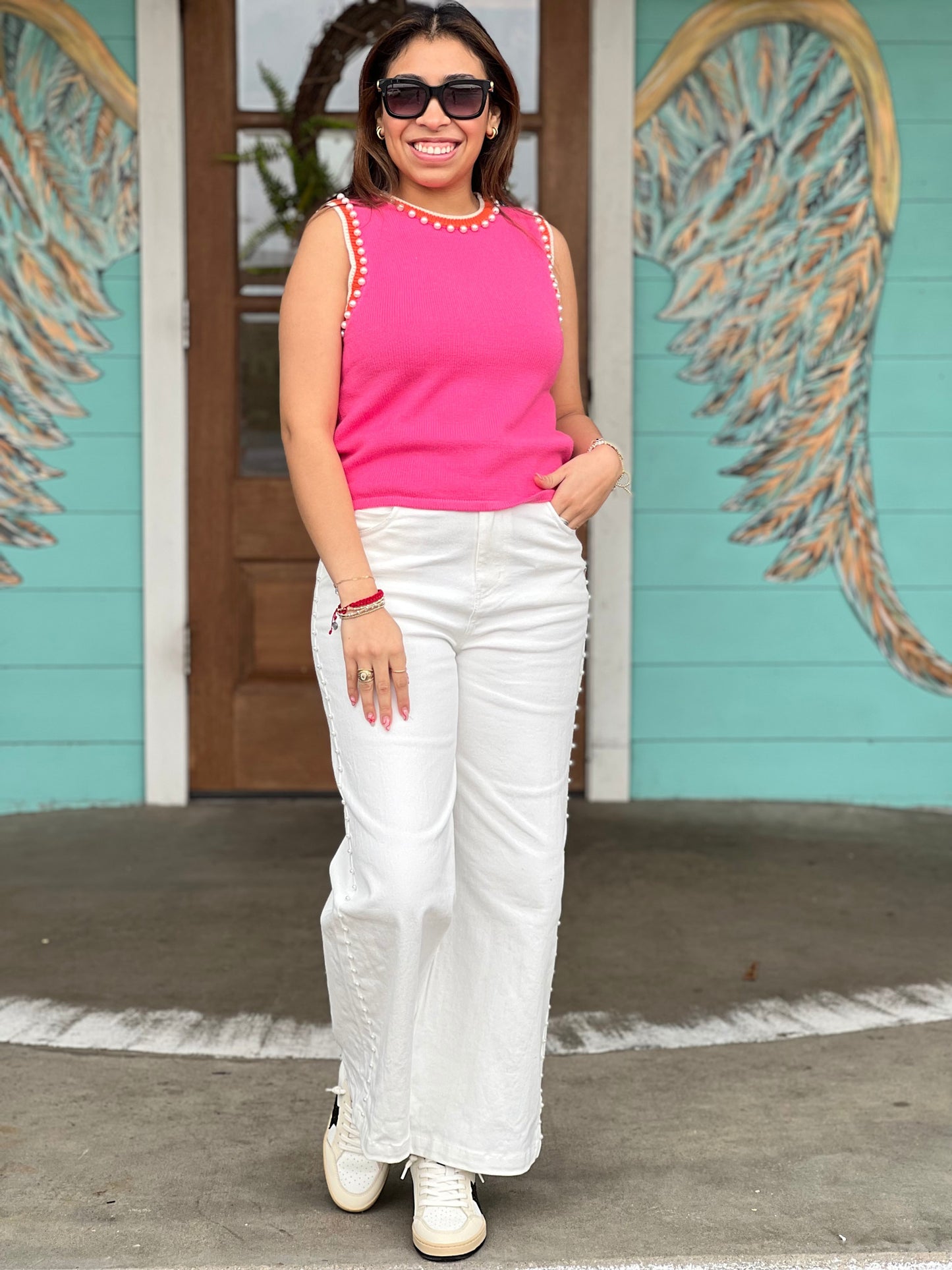 White Pearl Trimmed Denim Pants