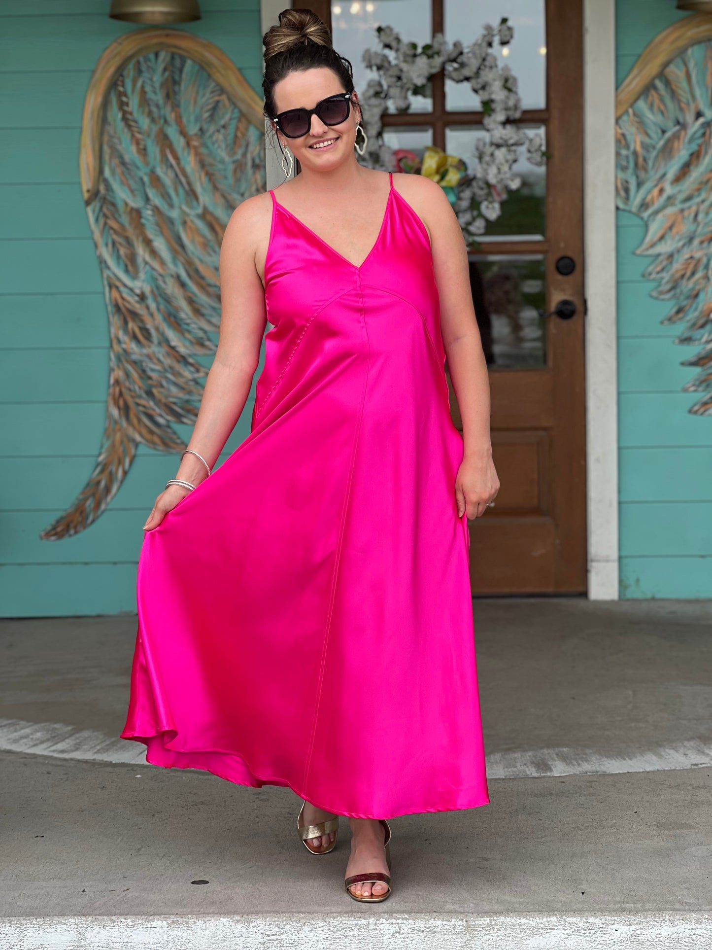 Hot Pink Satin Midi Dress