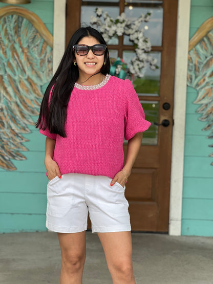 Bold Pink Pearl Trim Tweed Top