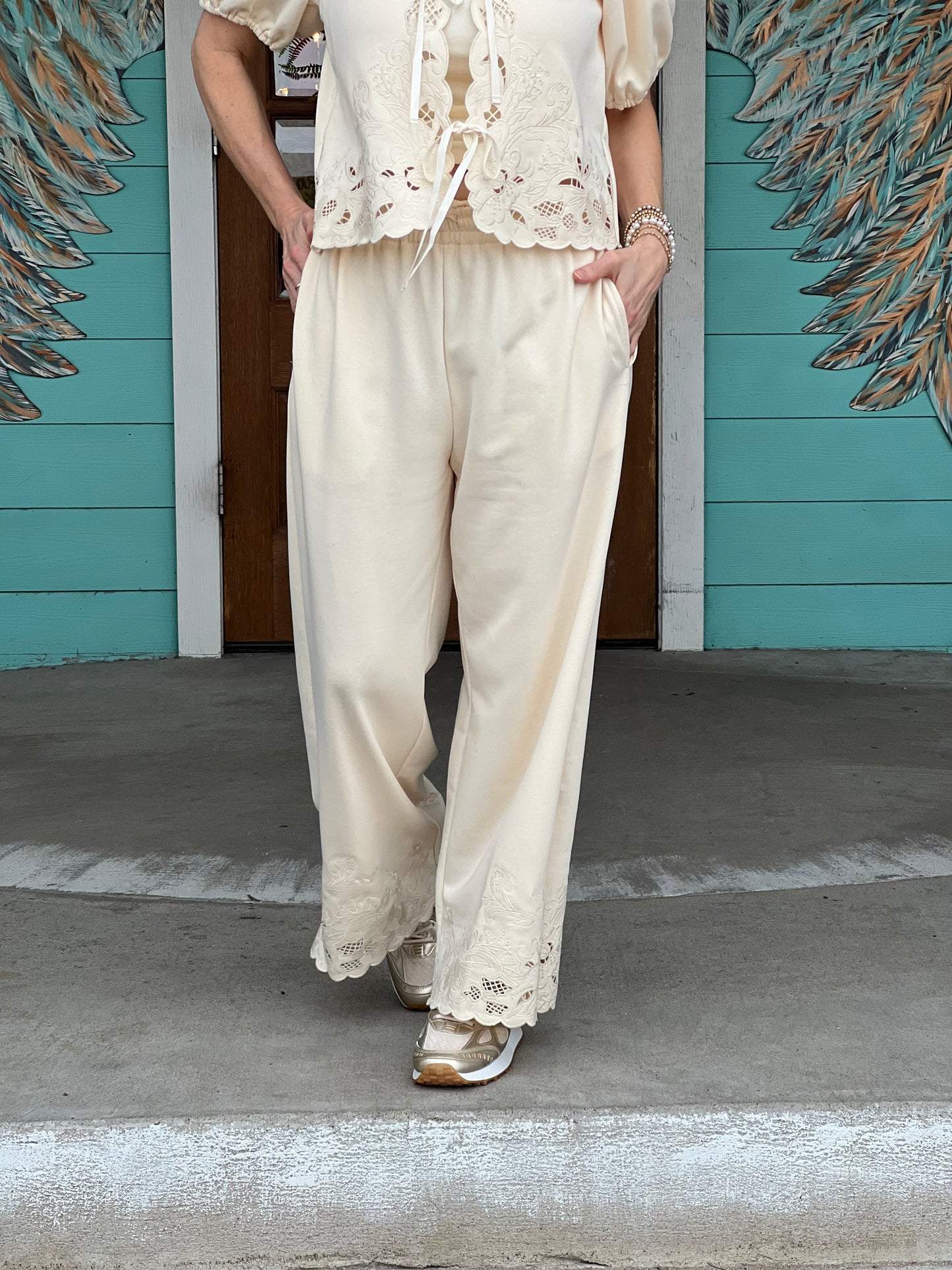 Ecru Eyelet French Terry Pants
