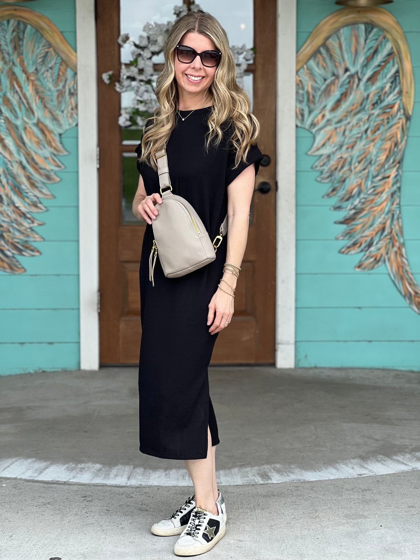 Black Textured Knit Midi Dress