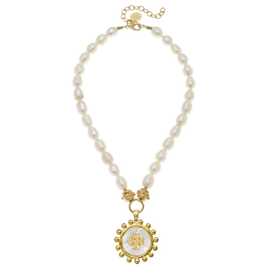 Susan Shaw Mother of Pearl Jerusalem Necklace on Genuine Freshwater Pearl