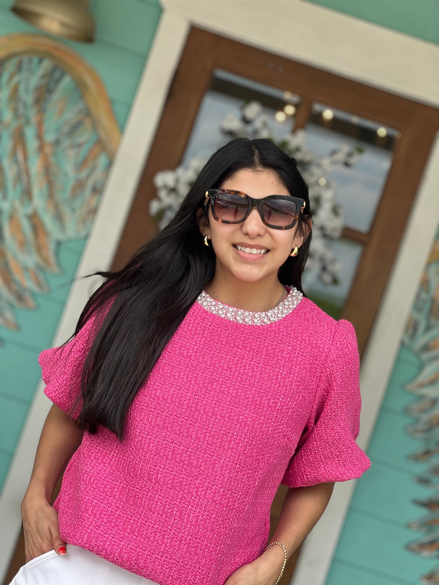 Bold Pink Pearl Trim Tweed Top