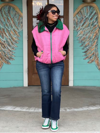 Pink & Green Puffer Vest - One Size