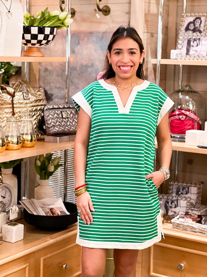 Green & White Kayla Striped Dress