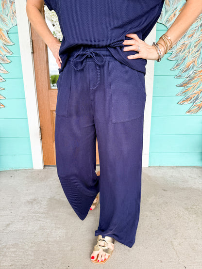 Navy Textured Wide Leg Pants