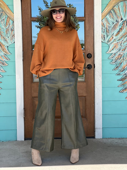 Olive Faux Leather Wide Leg Pants