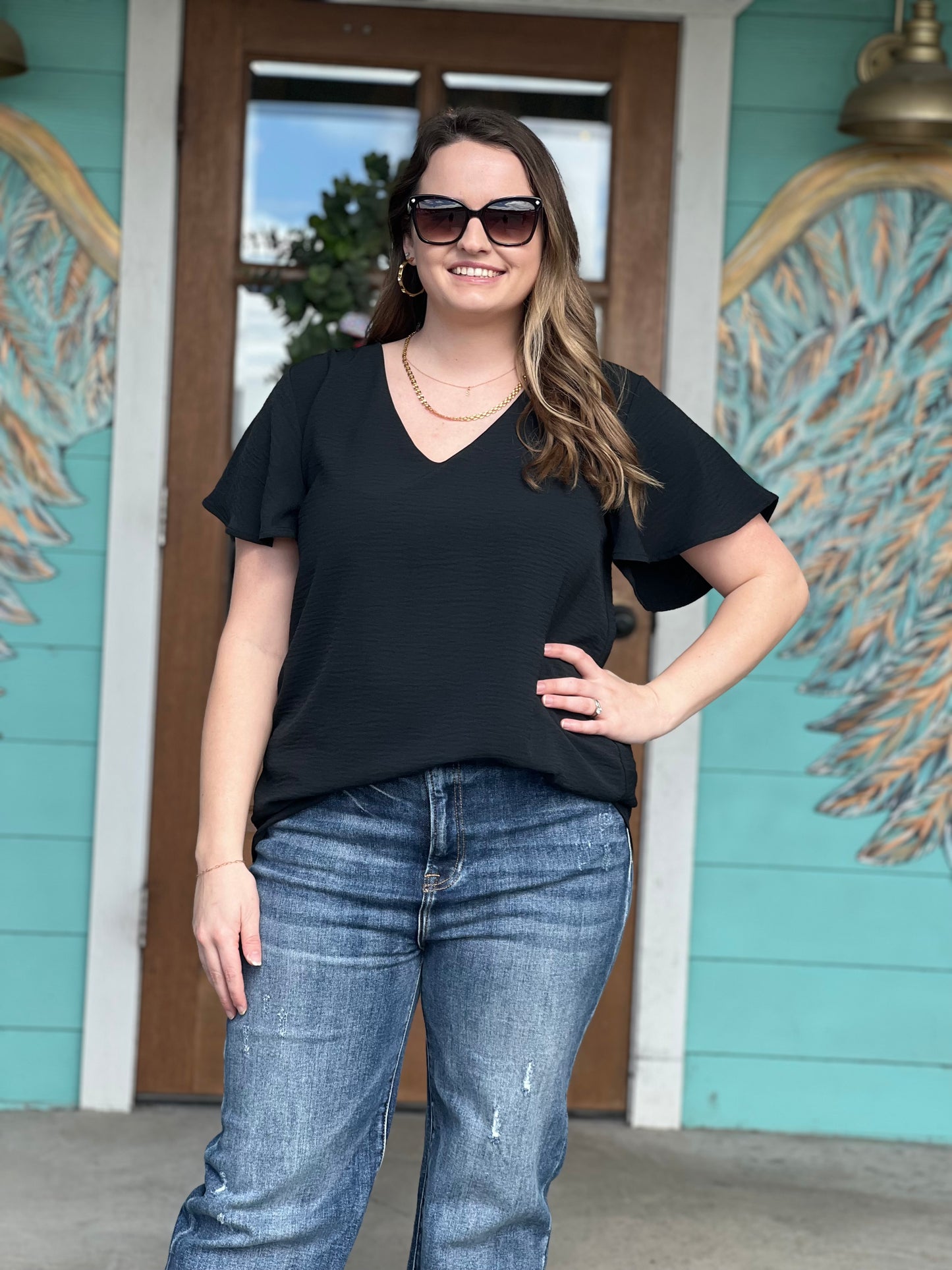 Black WOVEN FLUTTER SLEEVE TOP