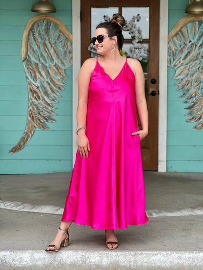 Hot Pink Satin Midi Dress