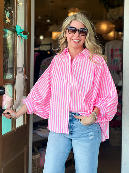 Neon Pink Striped Button Up Top