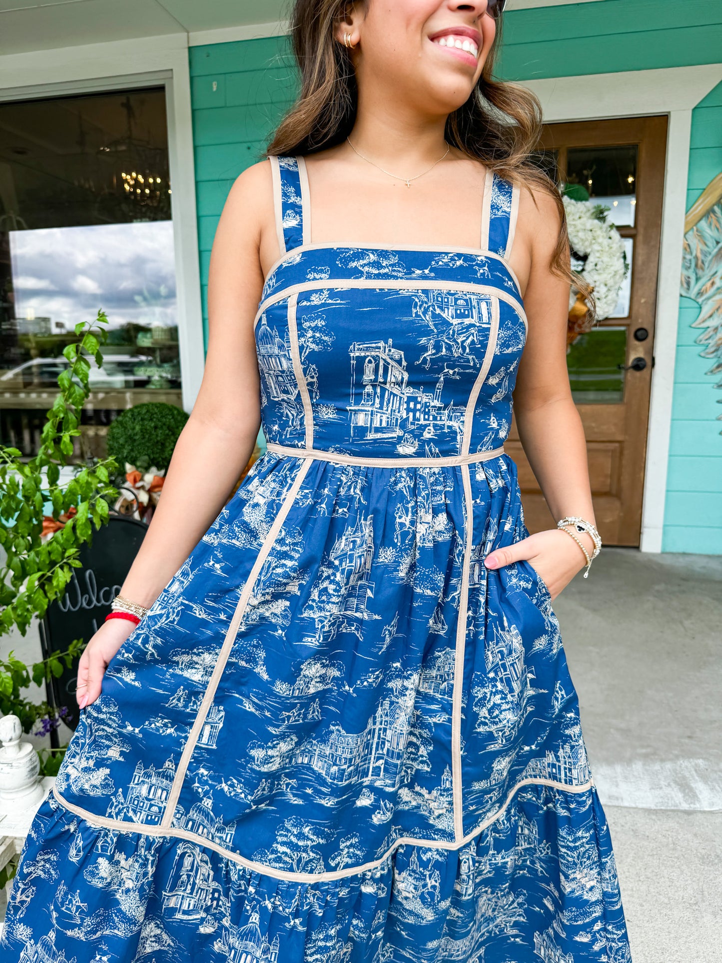 Indigo City Toile Print Midi Dress