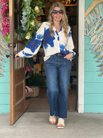 Royal Bold Floral Button Down Top