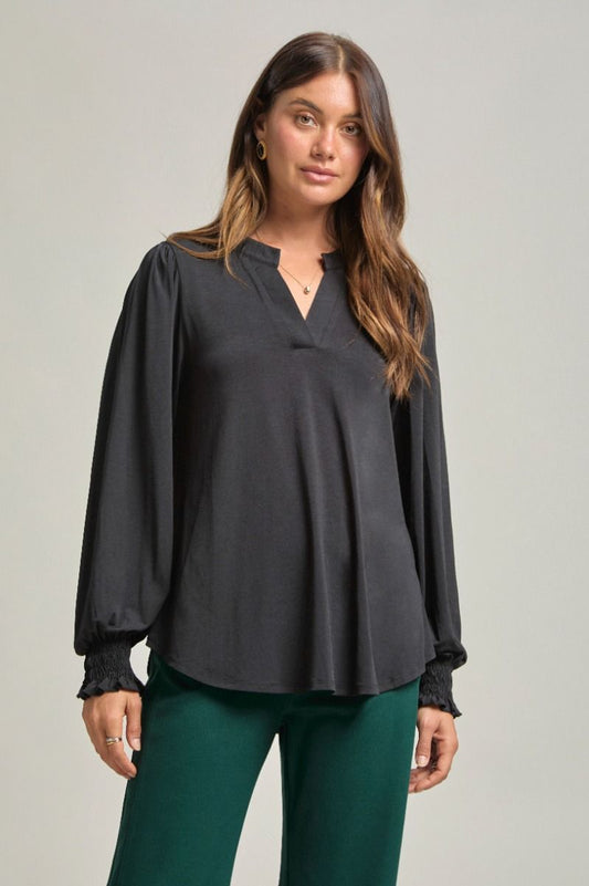 Liz Smocked Long Sleeve Black Top