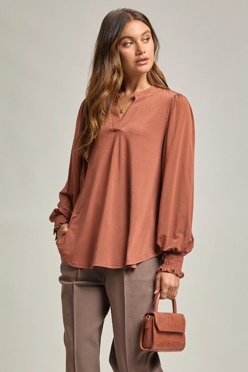 Liz Smocked Long Sleeve Caramel Top