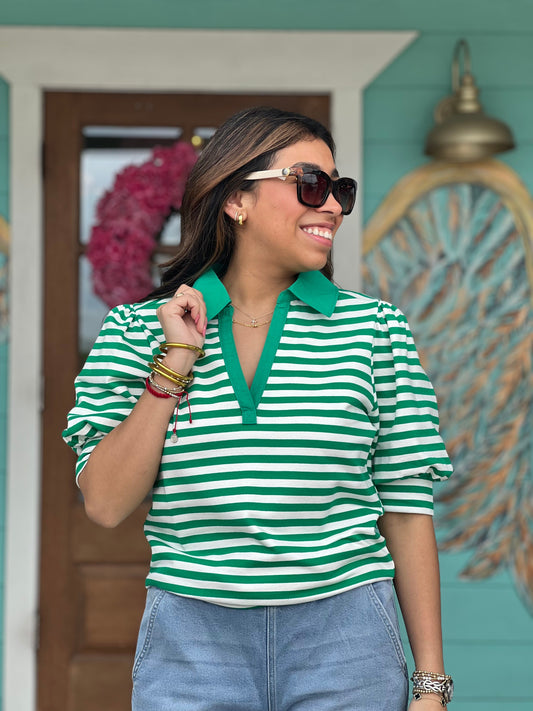 Kelly Green Striped Puff Sleeve Top