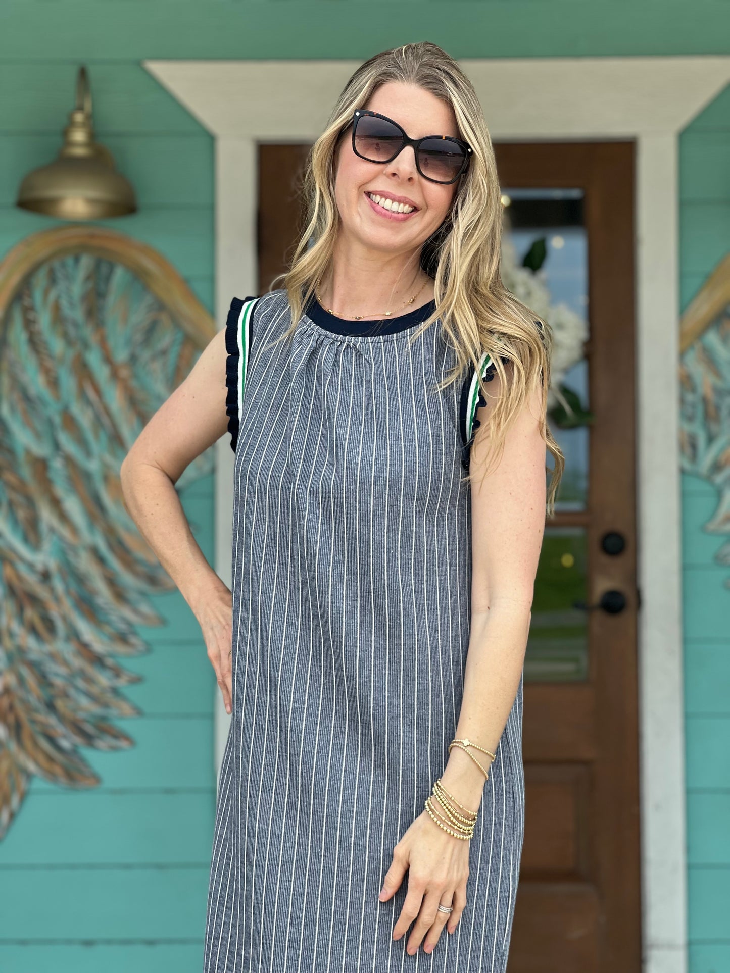 Navy Knit Striped Midi Dress