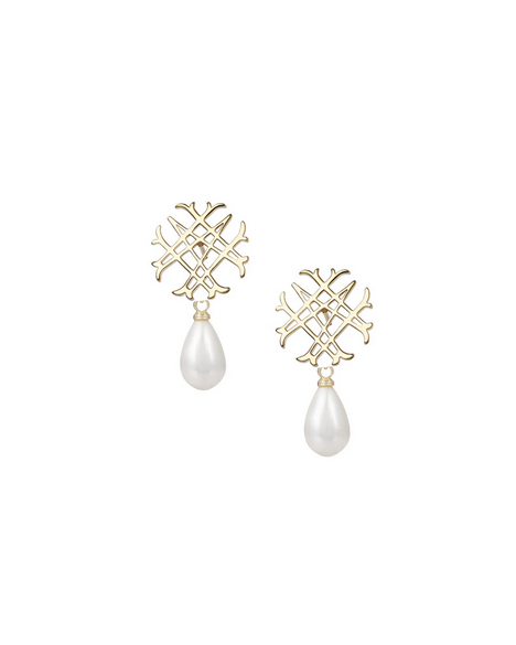 Natalie Wood Adorned Logo Pearl Drop Earrings- Gold