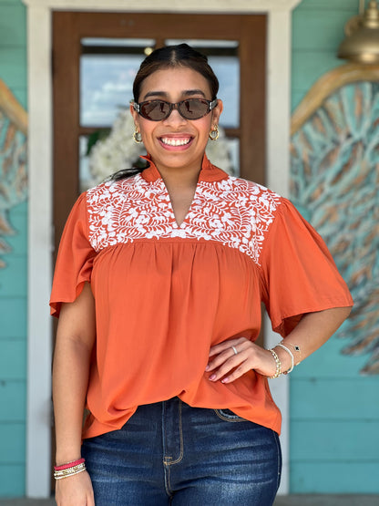 Burnt Orange Caven Embroidered Top